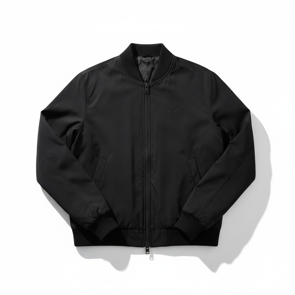 Black streetwear bomber jacket with ribbed collar and cuffs