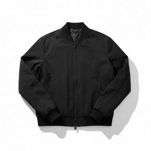 Black streetwear bomber jacket with ribbed collar and cuffs
